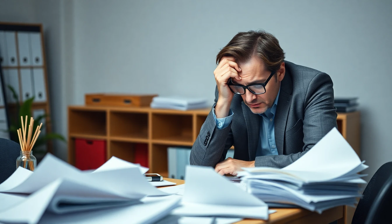 Stapel von Papierordnern neben einem frustrierten Unternehmer